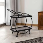 Steel Serving Bar Cart with 2 Shelves & Wooden Top