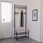 Steel Coat Rack Stand with Wooden Top Bench & Shelves