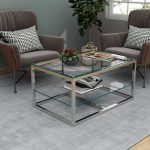 Stainless Steel Coffee Table with Storage Shelf & Glass Top