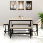 Steel Dining Table with 2 Benches & 2 Stools, Wooden Top - Image 2