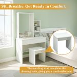 Vanity Makeup Table Set | White MDF Drawer Chest with Mirror, Shelf & Stool | Knock-Down or Pre-Assembled | Smooth Edges, Leg Bush , Dresser Unit For Bedroom, White (160H * 100W * 50L Cm) - Image 4