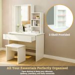 Vanity Makeup Table Set | White MDF Drawer Chest with Mirror, Shelf & Stool | Knock-Down or Pre-Assembled | Smooth Edges, Leg Bush , Dresser Unit For Bedroom, White (160H * 100W * 50L Cm) - Image 6