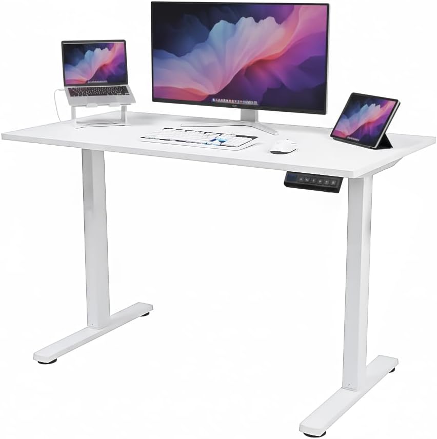 RGD - HGT - 3 Electric Height Adjustable Table, Ergonomic Electric Sit Stand Desk, Metal & MDF Top, Smooth Lifting Mechanism, Adjustable Office Workstation, White - (117H x 100W x 50D) - KD Condition - Image 1