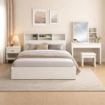 Modern Bedroom Furniture Combo ? White MDF Bed with Headboard Storage, Bedside Table with Drawer, Dressing Table with Mirror, Shelf & Stool, White Body & Black Legs