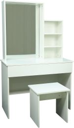 Modern Bedroom Furniture Combo ? White MDF Bed with Headboard Storage, Bedside Table with Drawer, Dressing Table with Mirror, Shelf & Stool, White Body & Black Legs - Image 2